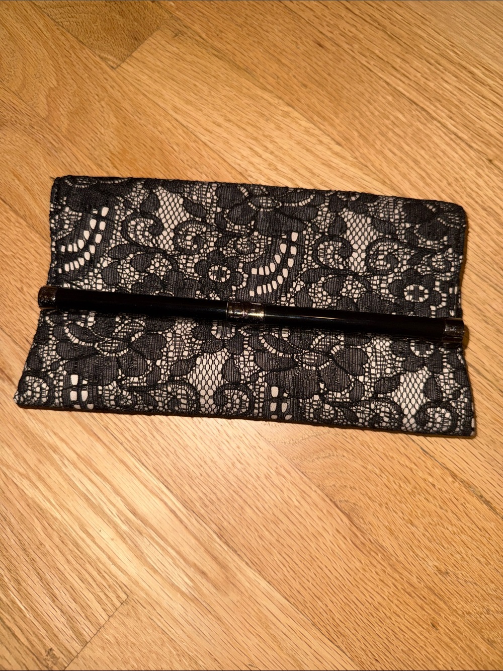 Diane Von Furstenberg Black Lace Overlay Clutch with Gloss Bar